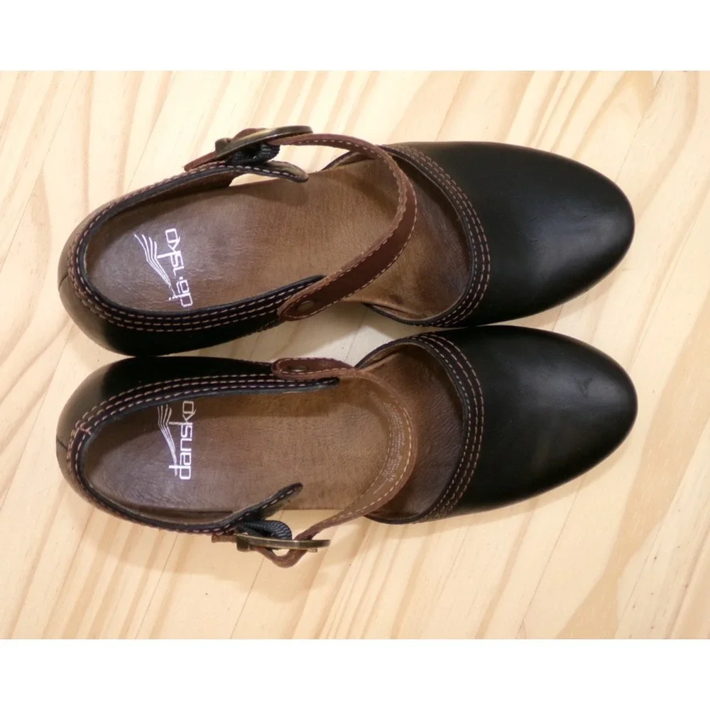 Dansko Darlene Heels Womens Black Brown Size 38 US 7.5 - 8 Ankle Strap Leather